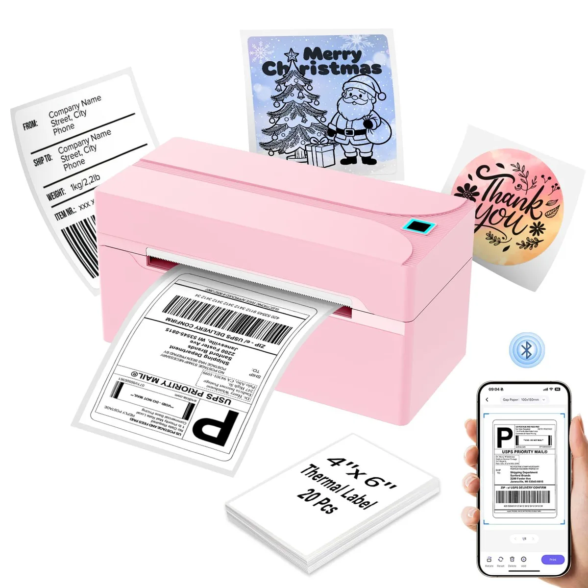 Compact white thermal label printer with roll holder, Bluetooth and USB ports, 203 DPI print head