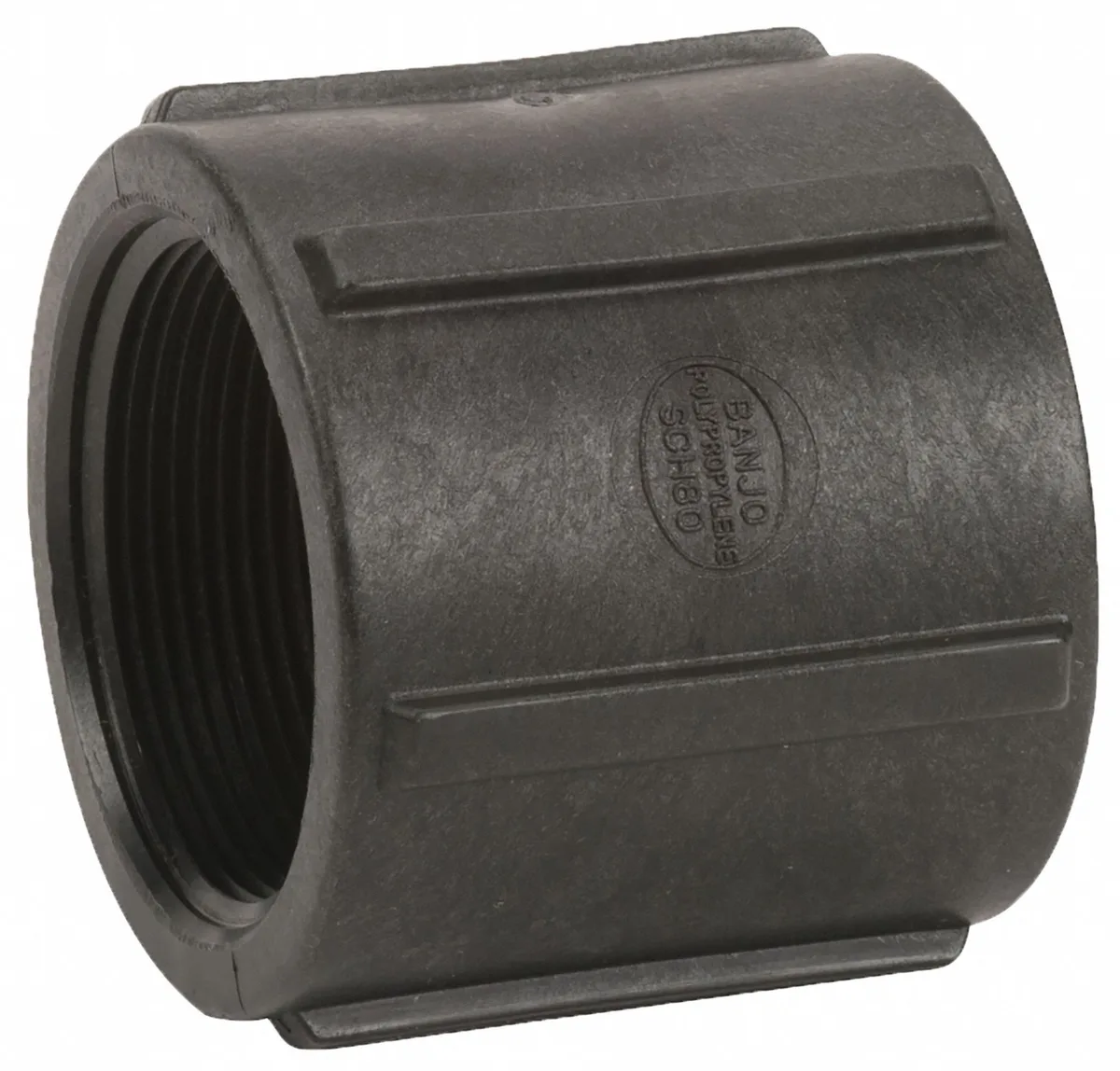 Black Schedule 80 polypropylene coupling with 2 inch FNPT threads