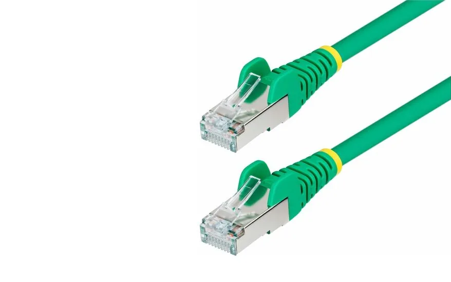 Green shielded CAT6a patch cable with snagless RJ45 connectors, 3 feet long