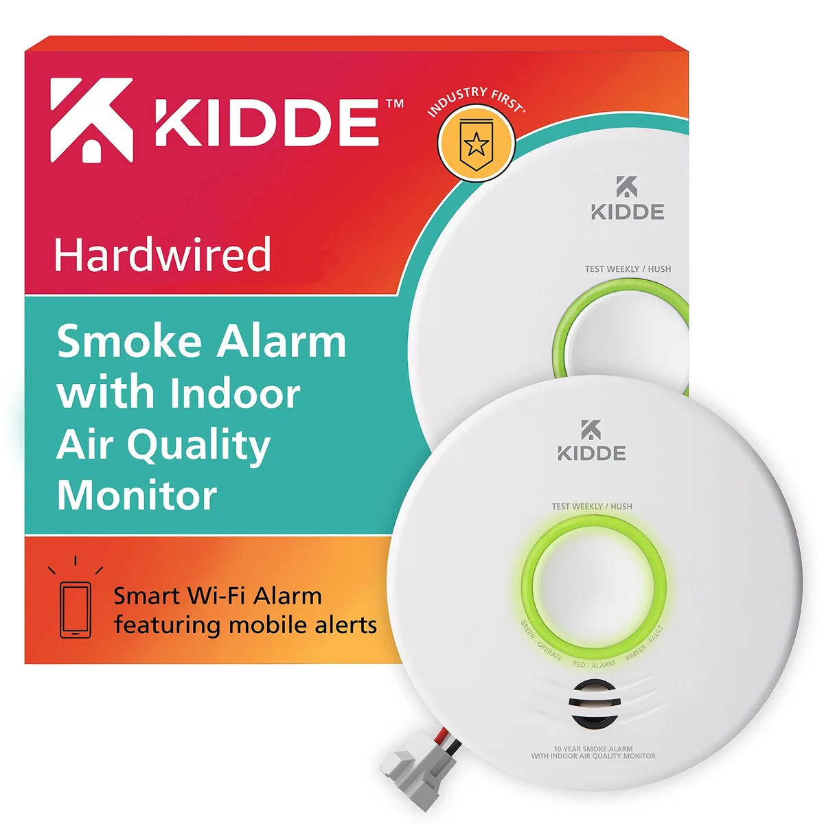 White round ceiling-mounted smart smoke detector and air quality monitor, hardwired with battery backup