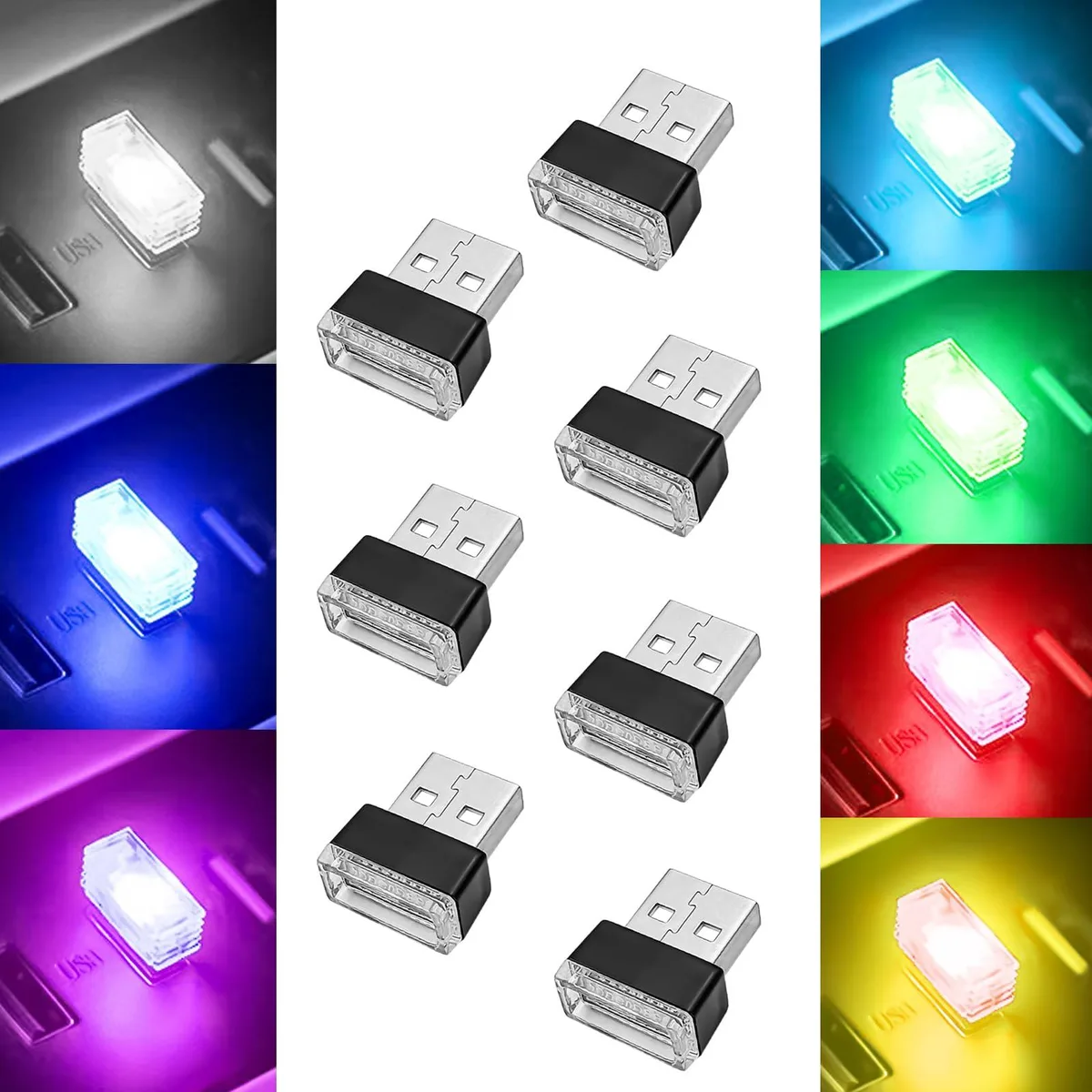  7 Pieces Car Ambient Lighting Kit USB LED Atmosphere Lamp 7 Color Rechargeable Interior Night Light — product photo