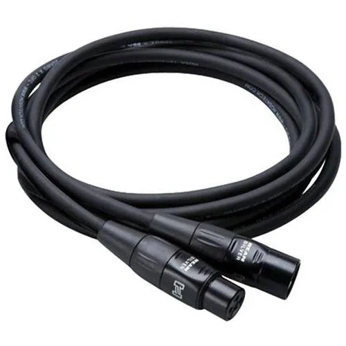 Black XLR microphone cable with silver REAN connectors, coiled on white background