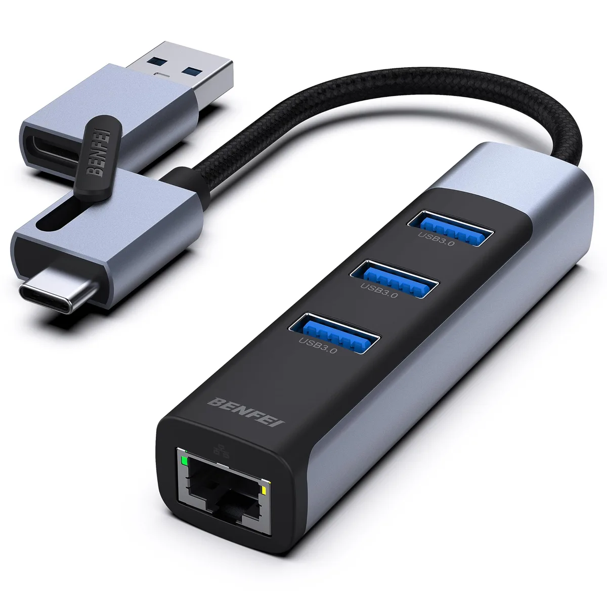  Anker 000350grey USB-C/USB-A to Ethernet Adapter with 3 USB 3.0 Ports — product photo