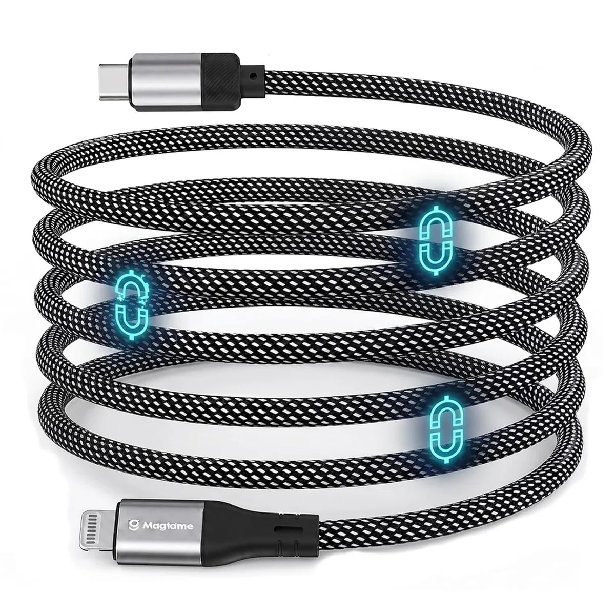 MCHOSE MCHOSE 5ft Coiled Magnetic USB-C to Lightning Cable Silver-Black Braided — product photo