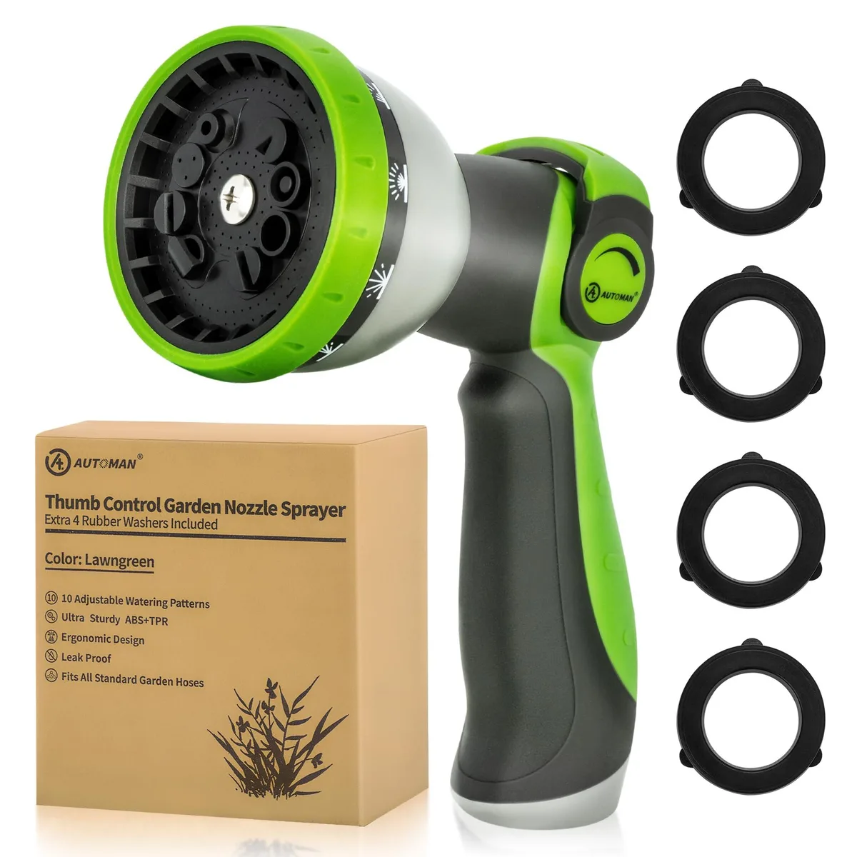 Green plastic hose nozzle with thumb lever and rotating pattern dial