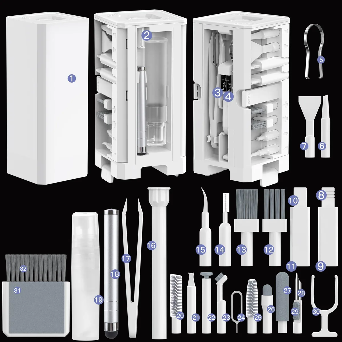White rectangular box holding 32 cleaning tools for electronics