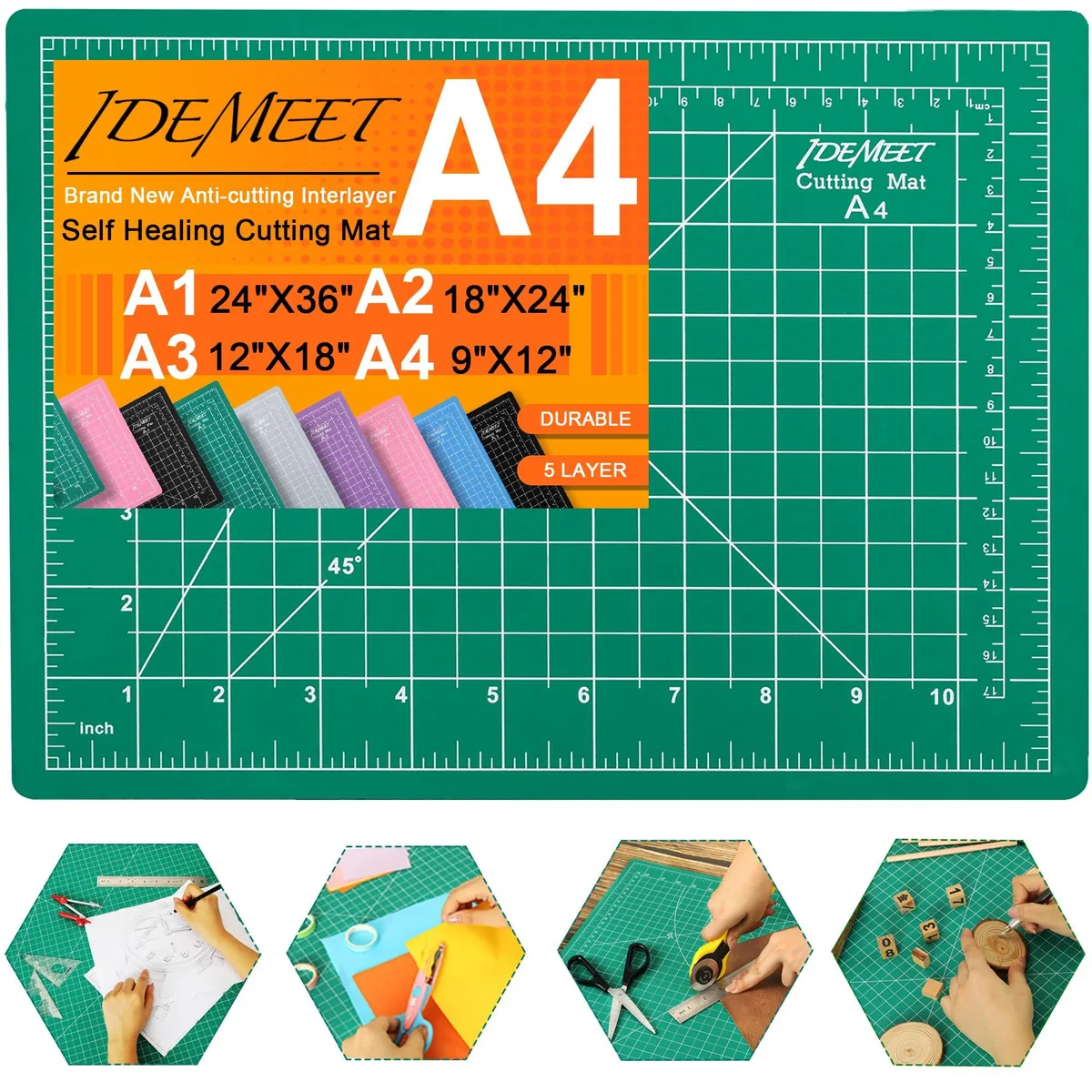 Green rectangular self-healing cutting mat with printed grid lines and measurements, 8.7 by 11.8 inches