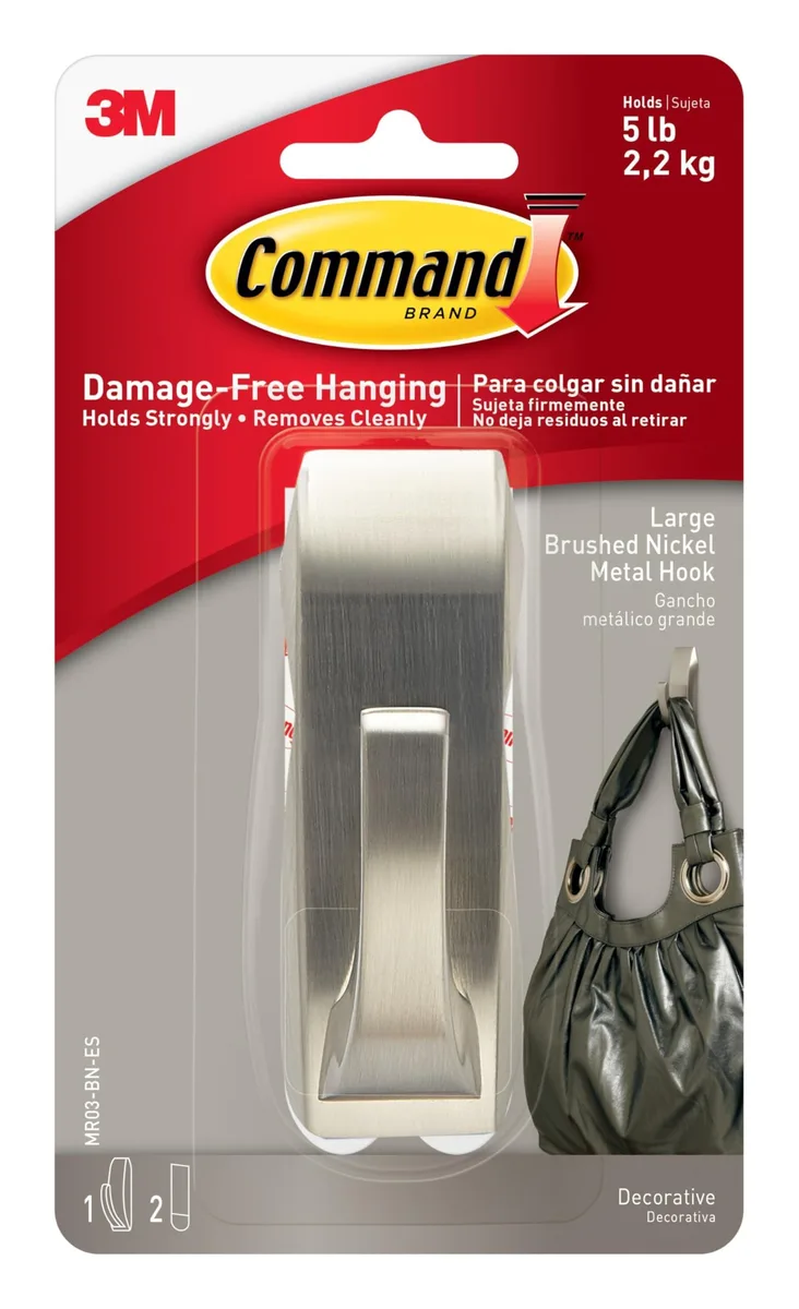 Single brushed nickel hook with two adhesive strips