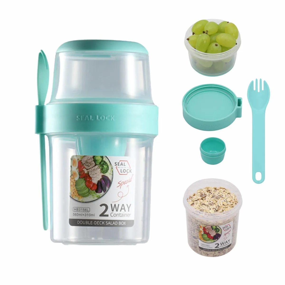 Red two-layer food storage jar with handle and fork