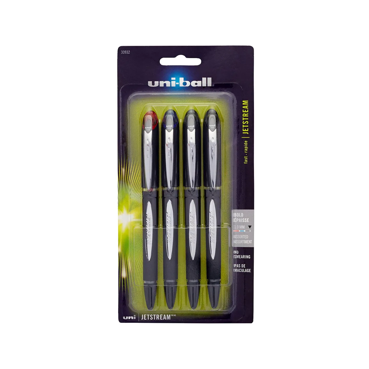 Four rollerball pens with stainless steel accents in assorted colours