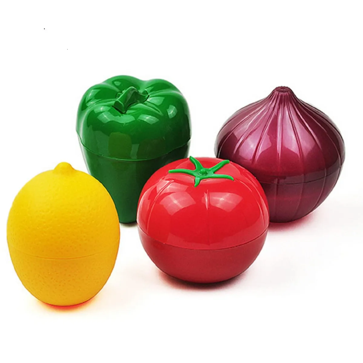 Four green plastic food containers shaped like onion tomato lemon and green pepper