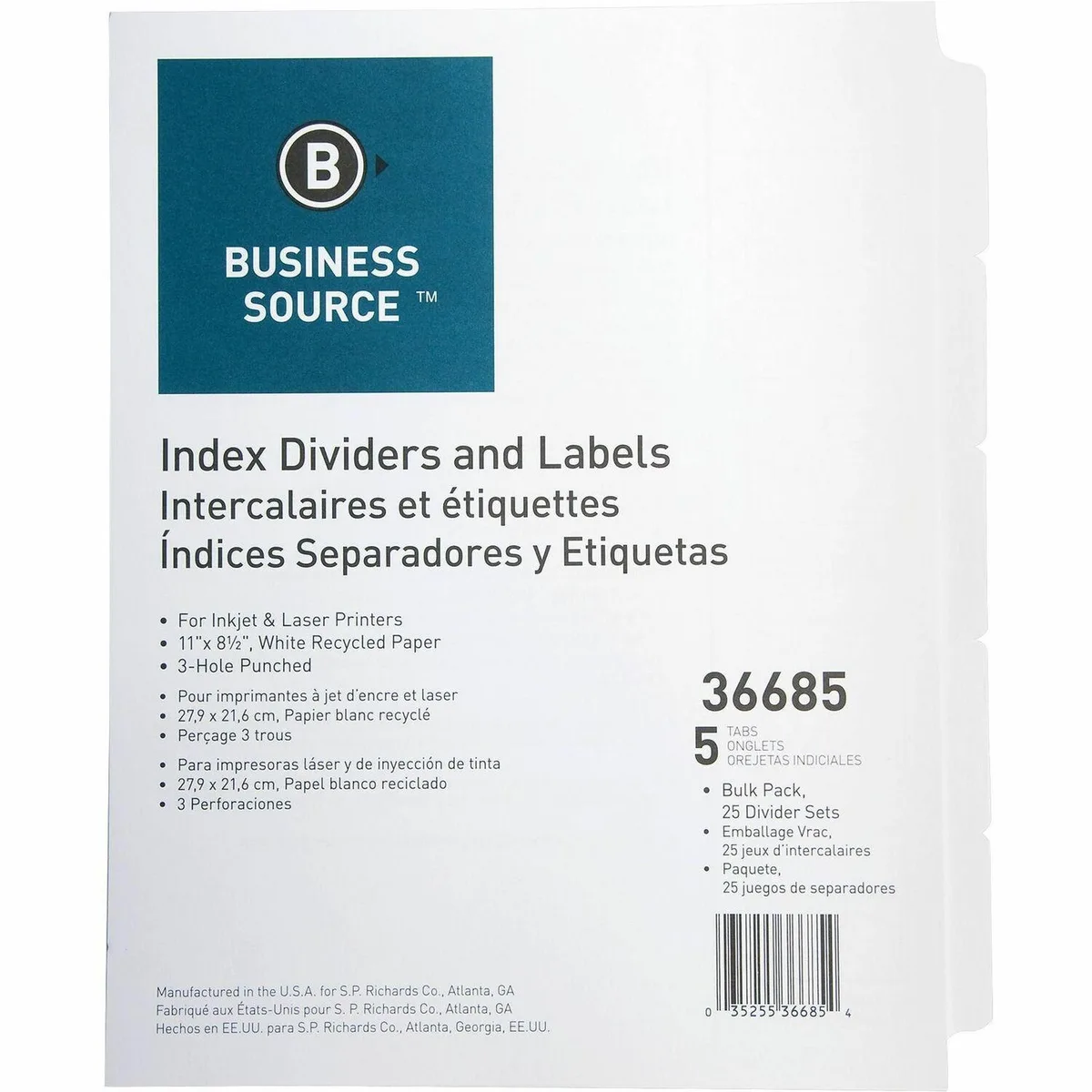 Business Source Business Source 36685 Index Dividers 5-Tab 25 Sets 11" White accessory — product photo
