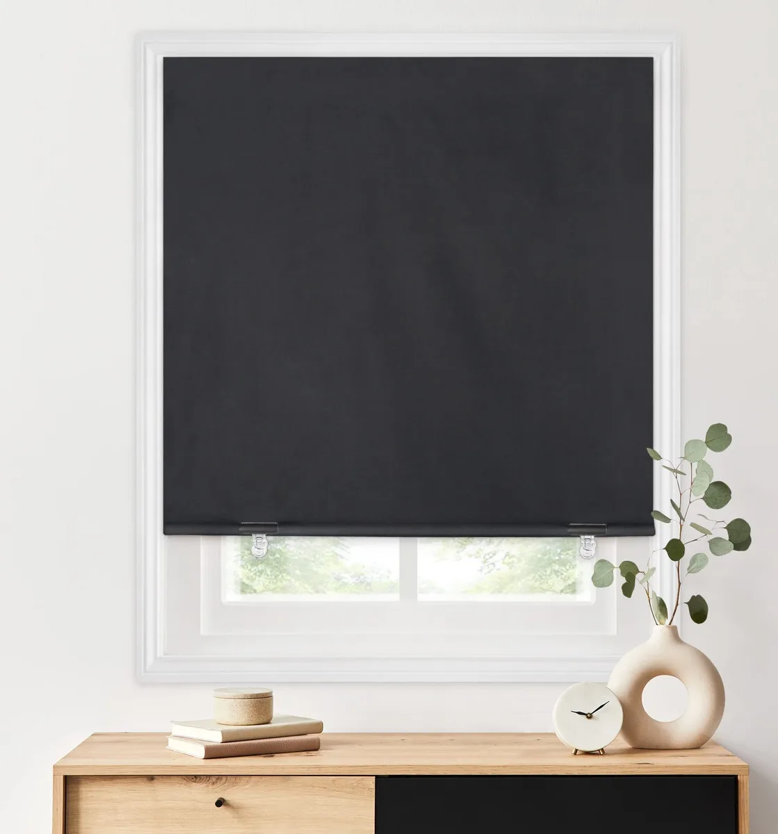 Black polyester blackout roller shade 36 by 72 inches cordless with adhesive mounting hardware