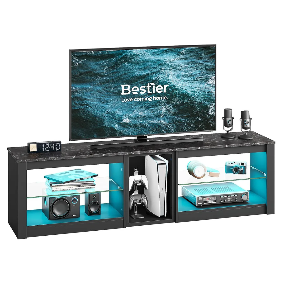 Bestier Bestier TV Stand 70 inch LED Lights 5 Shelves Black Marble — product photo
