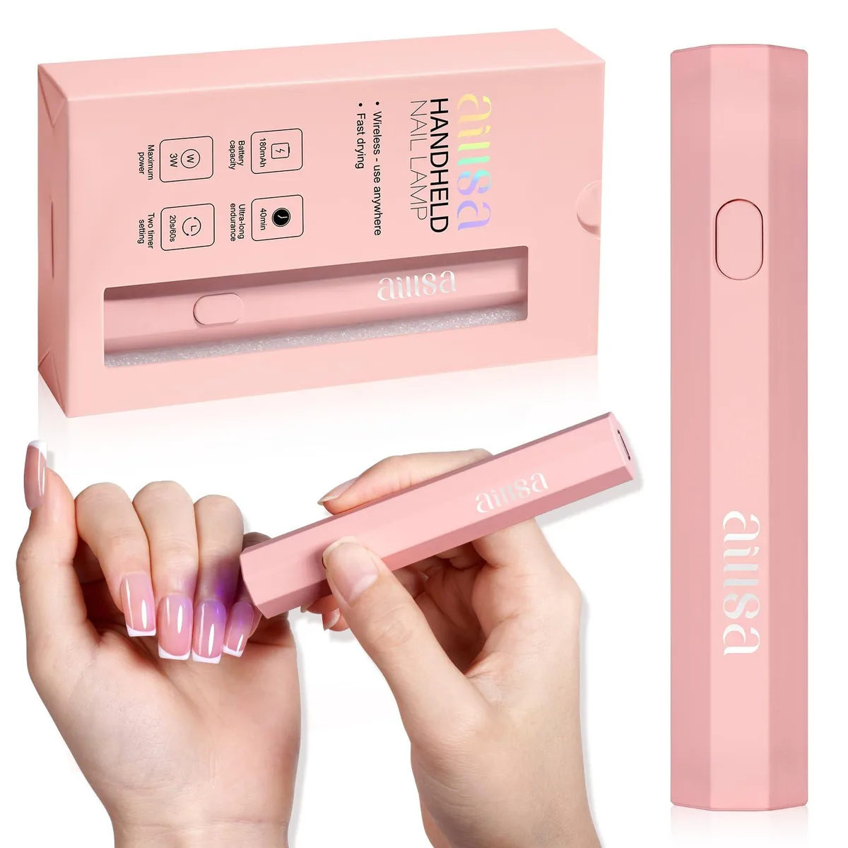 Pink handheld UV LED nail lamp, slender cylindrical shape, smooth glossy finish