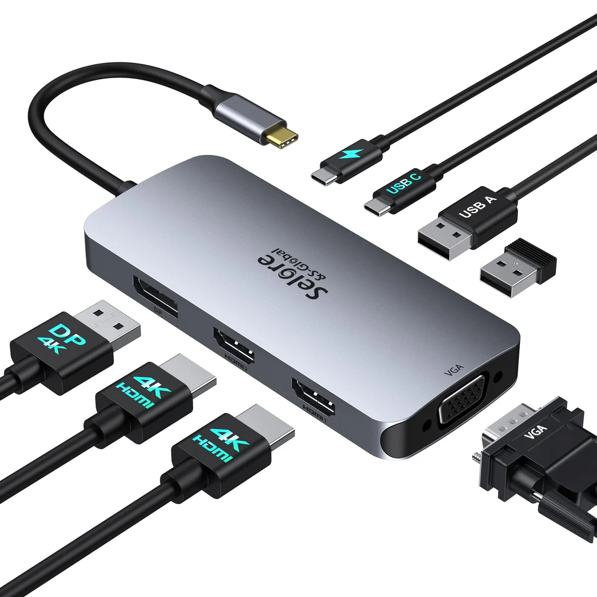 White rectangular USB-C docking hub with multiple video and data ports