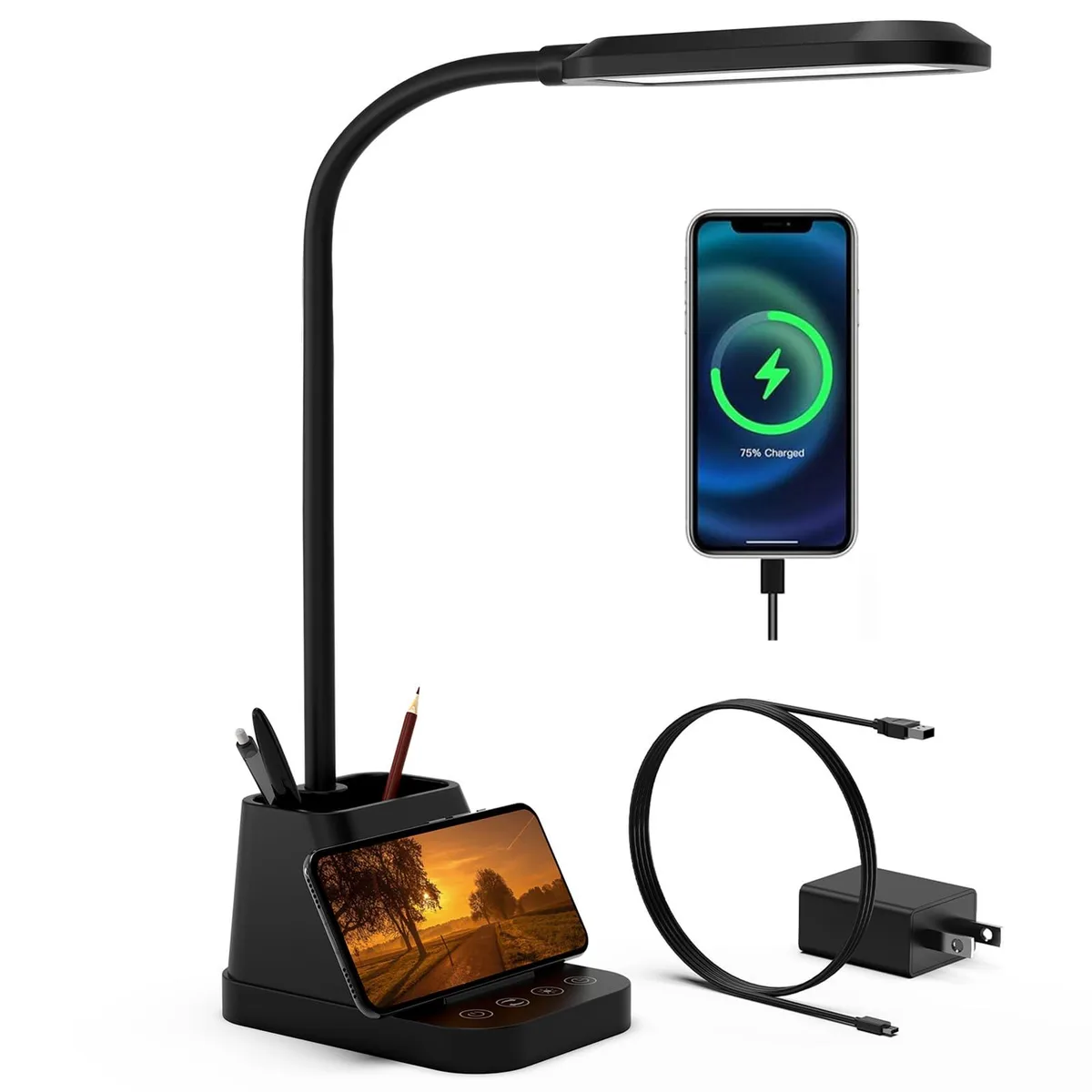 Black desk lamp with flexible gooseneck, integrated pen holder and USB charging port