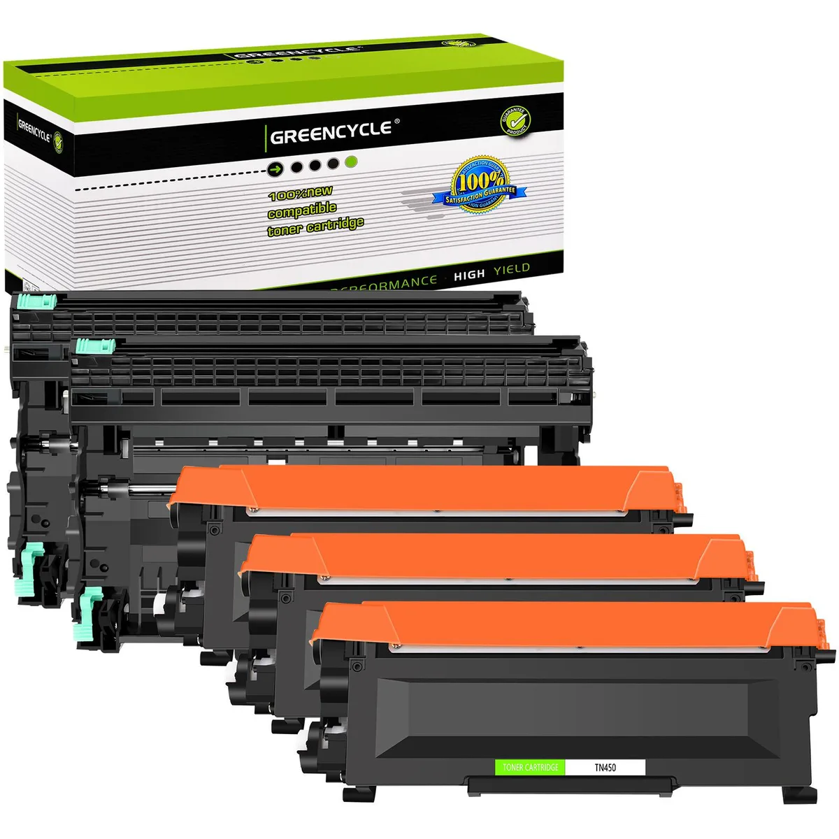 Five black laser cartridges and two drum units in a box