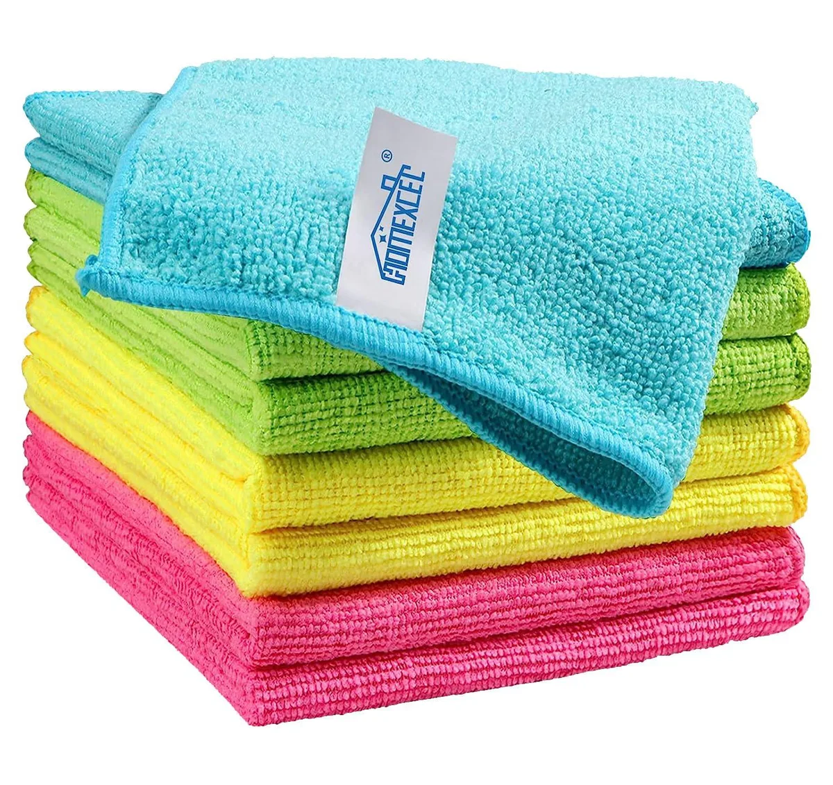 Eight square microfiber cloths in green blue yellow pink, folded stack