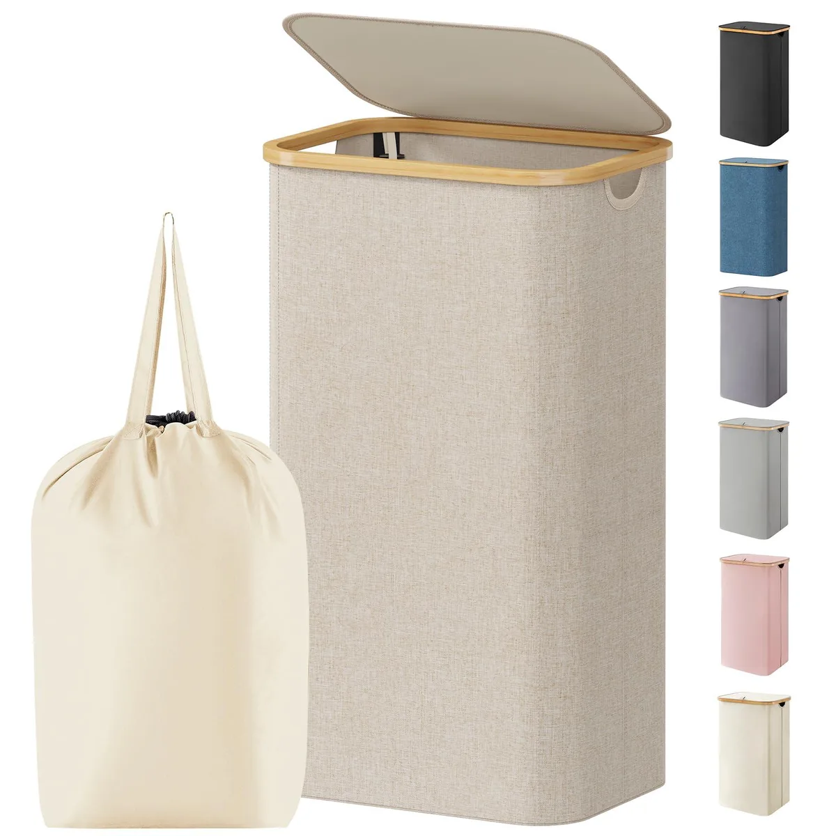 Beige fabric laundry hamper with lid, bamboo handles, removable inner bag, freestanding rectangular shape