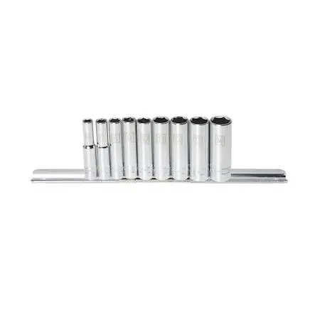 Nine chrome-vanadium deep sockets on clip rail