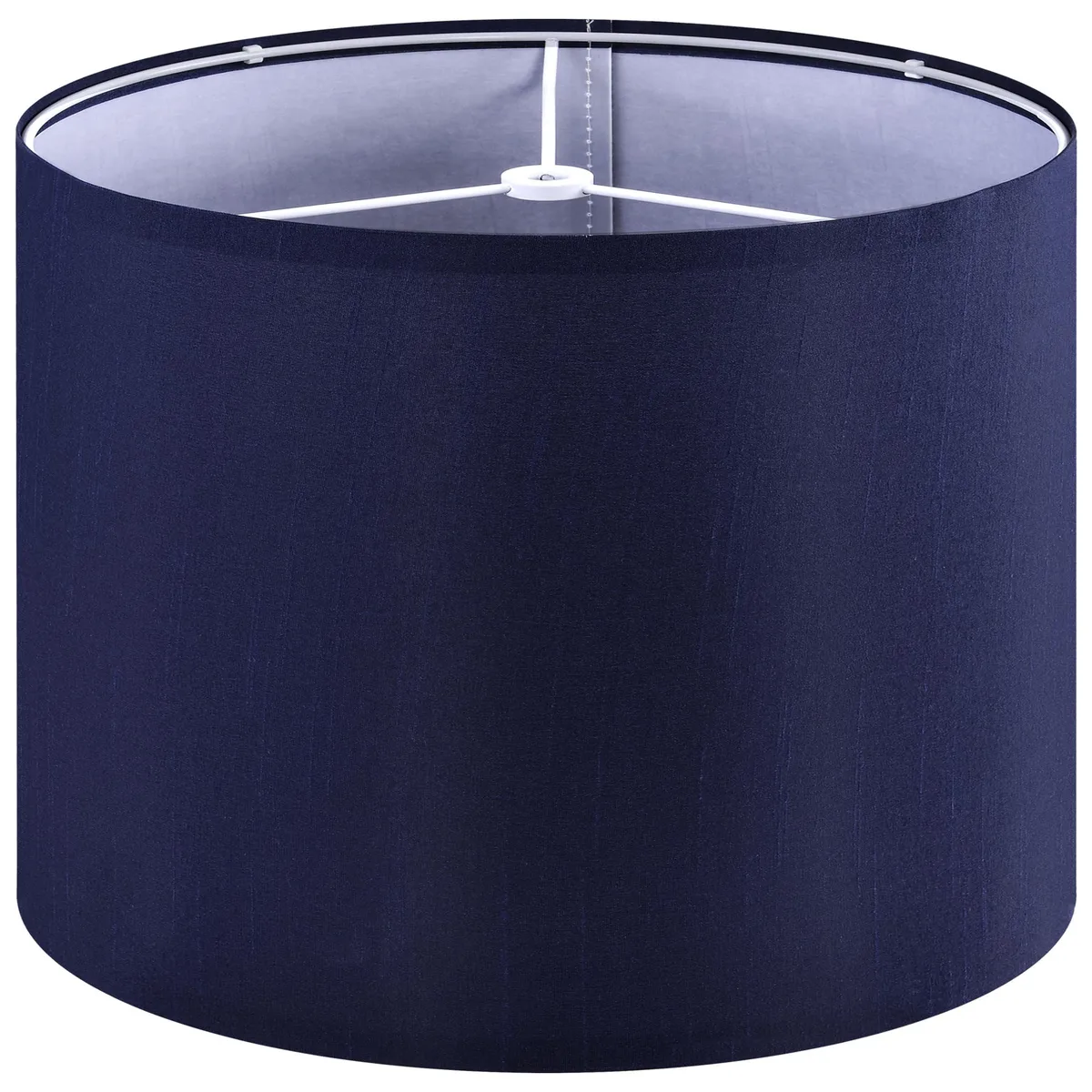 Blue drum lamp shade, 13 inch diameter by 10 inch height, faux silk with white PVC lining, spider fitter, folded flat