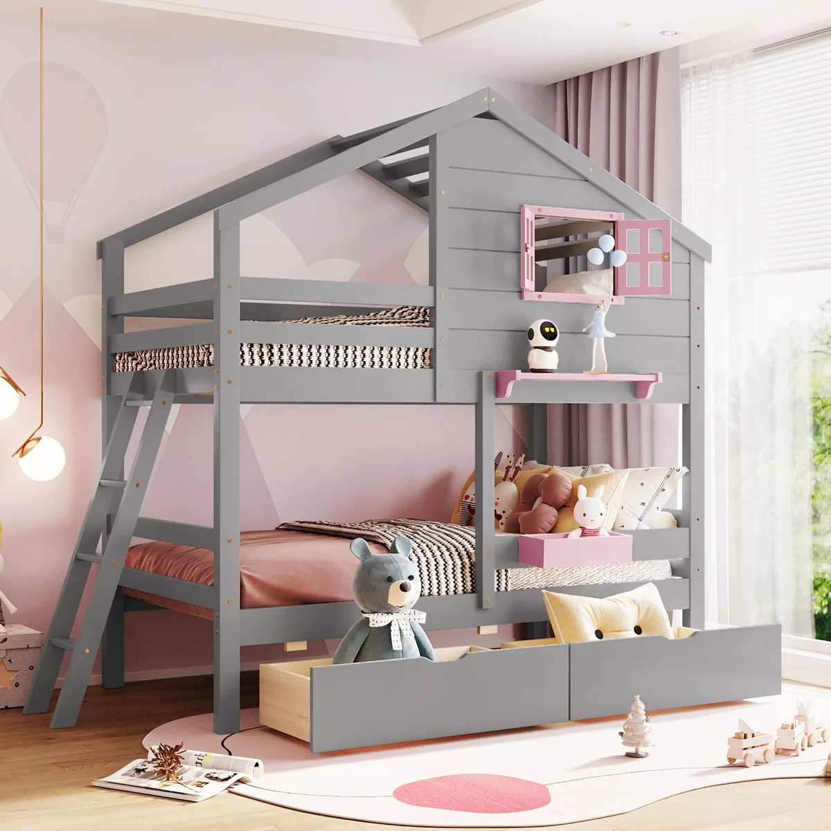 Gray solid-wood twin-over-twin bunk bed with pitched roof, window, shelf, drawers and storage box