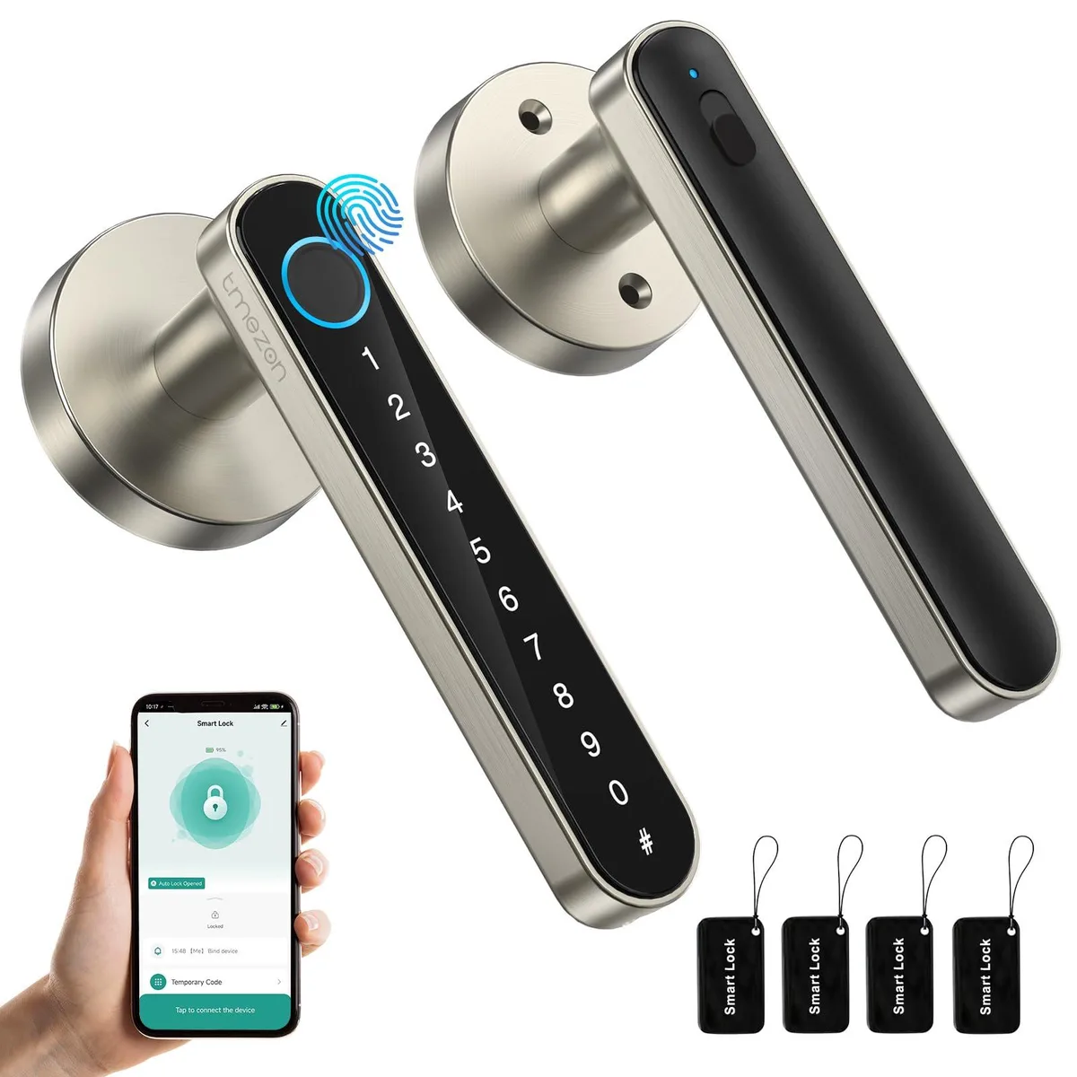 Twelve silver metal smart door locks with fingerprint sensors and keypads