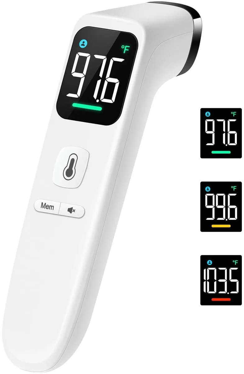 White handheld no-touch thermometer with LED display and black accents