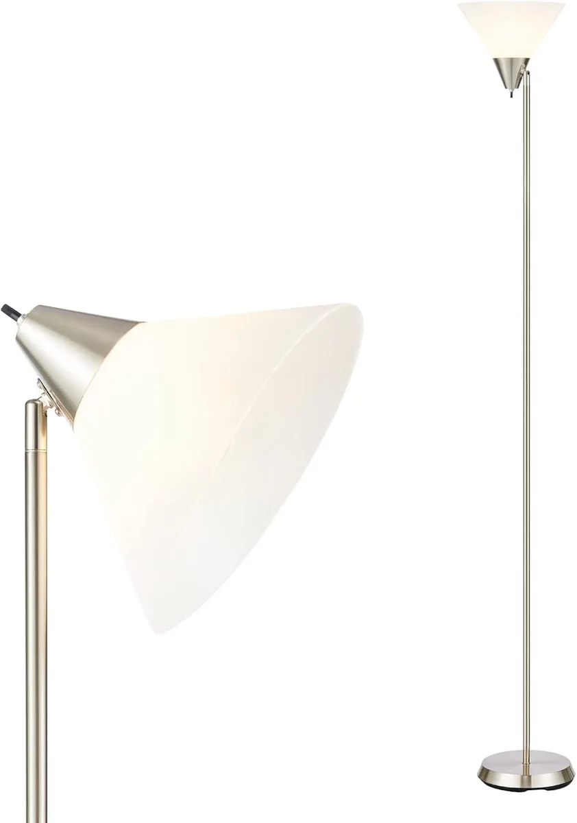 Satin nickel floor lamp with adjustable frosted white acrylic cone shade 71 inches tall