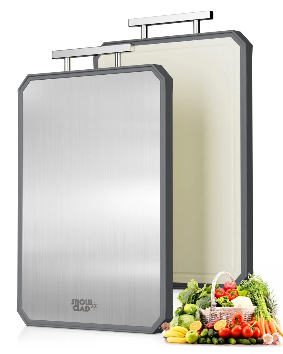 Rectangular stainless steel board with wheat straw PP side, juice groove and metal handle