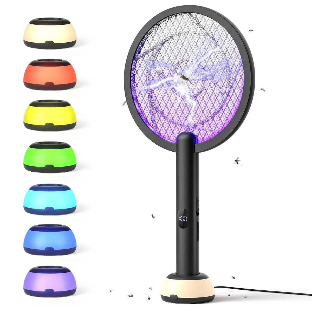 Black electric fly swatter racket with LED screen on charging base