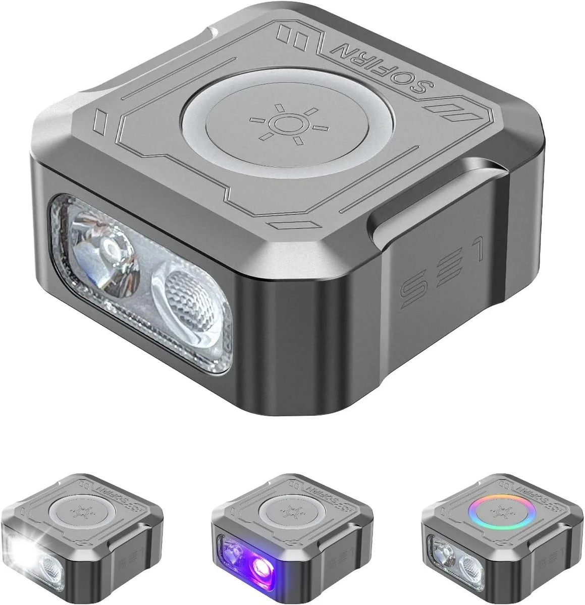 Grey coin-sized aluminium keychain flashlight with magnetic clip, carabiner and wrist strap attached