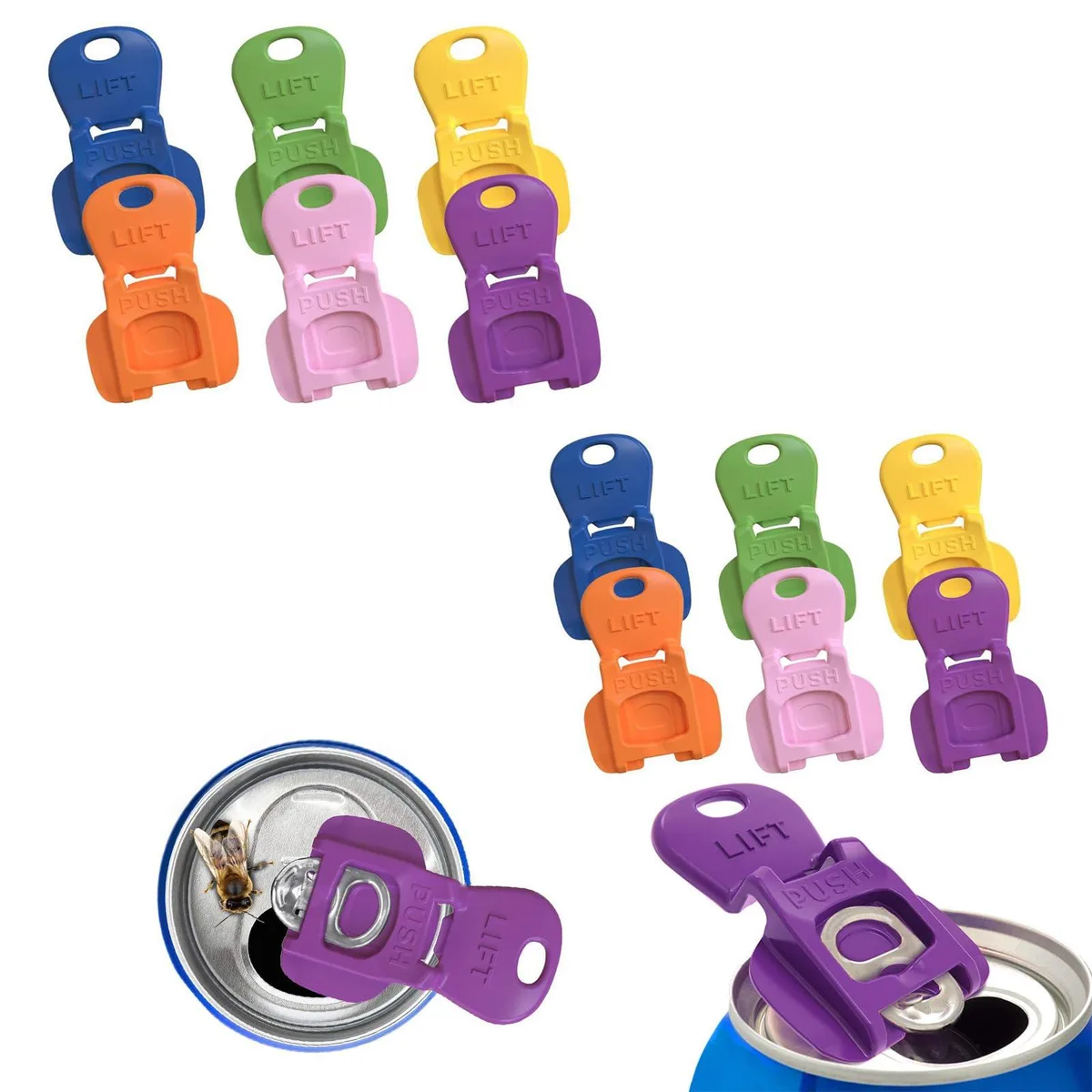 Twelve colorful plastic can openers with rotating leak-proof caps