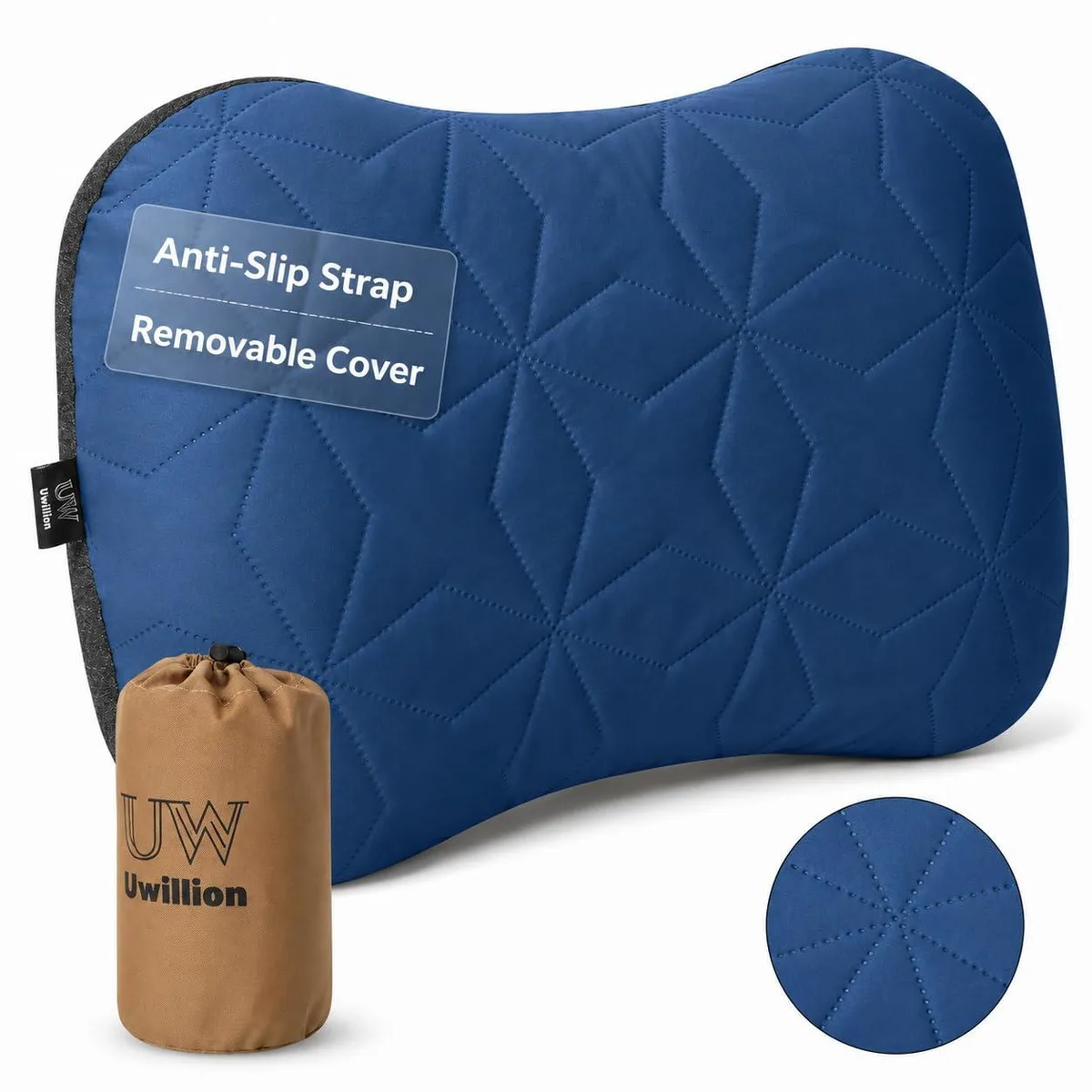 Blue inflatable camping pillow with removable fabric cover, curved ergonomic shape, compact stuff sack visible