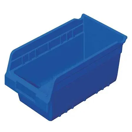 Blue plastic shelf bin, rectangular with open top and label area