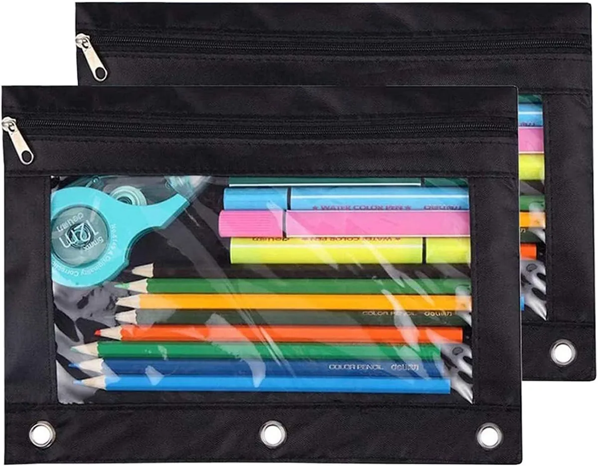 Two black canvas pencil pouches with zipper and clear window, three-ring binder holes, 25 by 18 cm