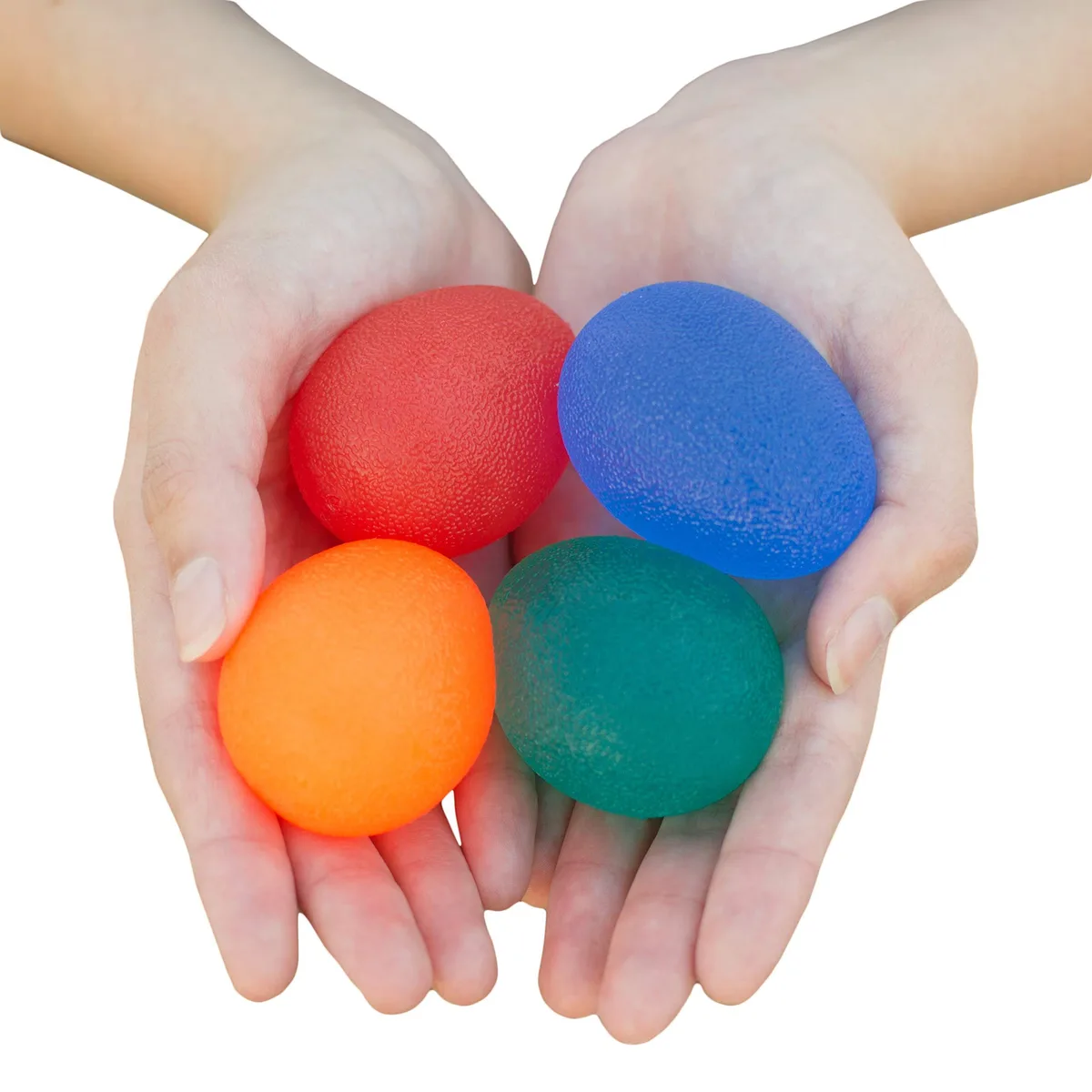Four egg-shaped therapy balls in black, soft-to-firm resistances, with travel bag