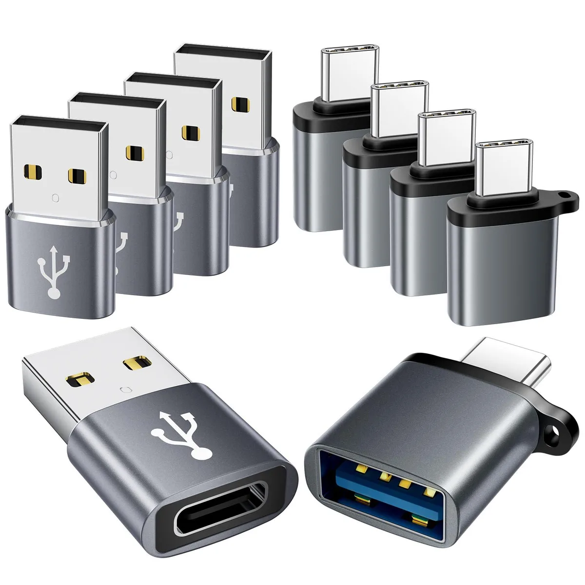 Ten grey aluminium USB-A to USB-C and USB-C to USB-A adapters in a 10-pack