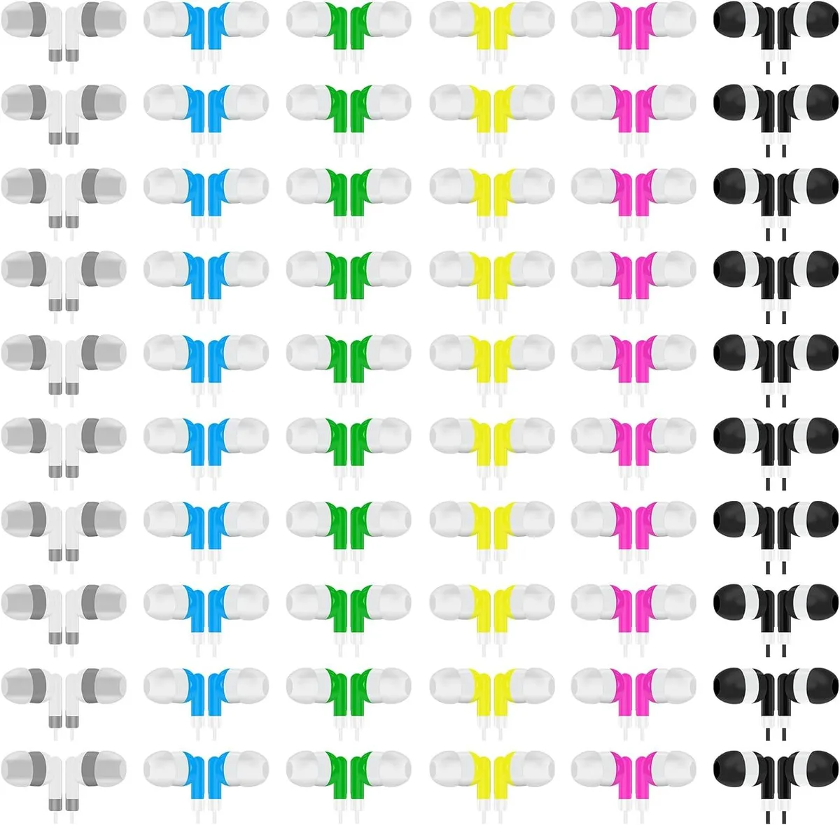 Bulk pack of sixty wired earbuds in six colours with 100 cm cables and 3.5 mm plugs
