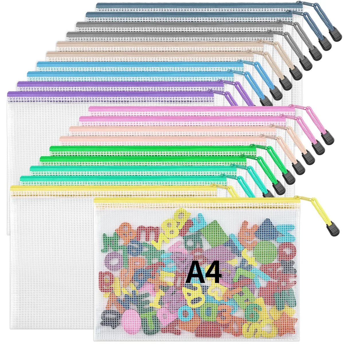 Pack of twenty A4 mesh zipper pouches in ten colours, PVC finish