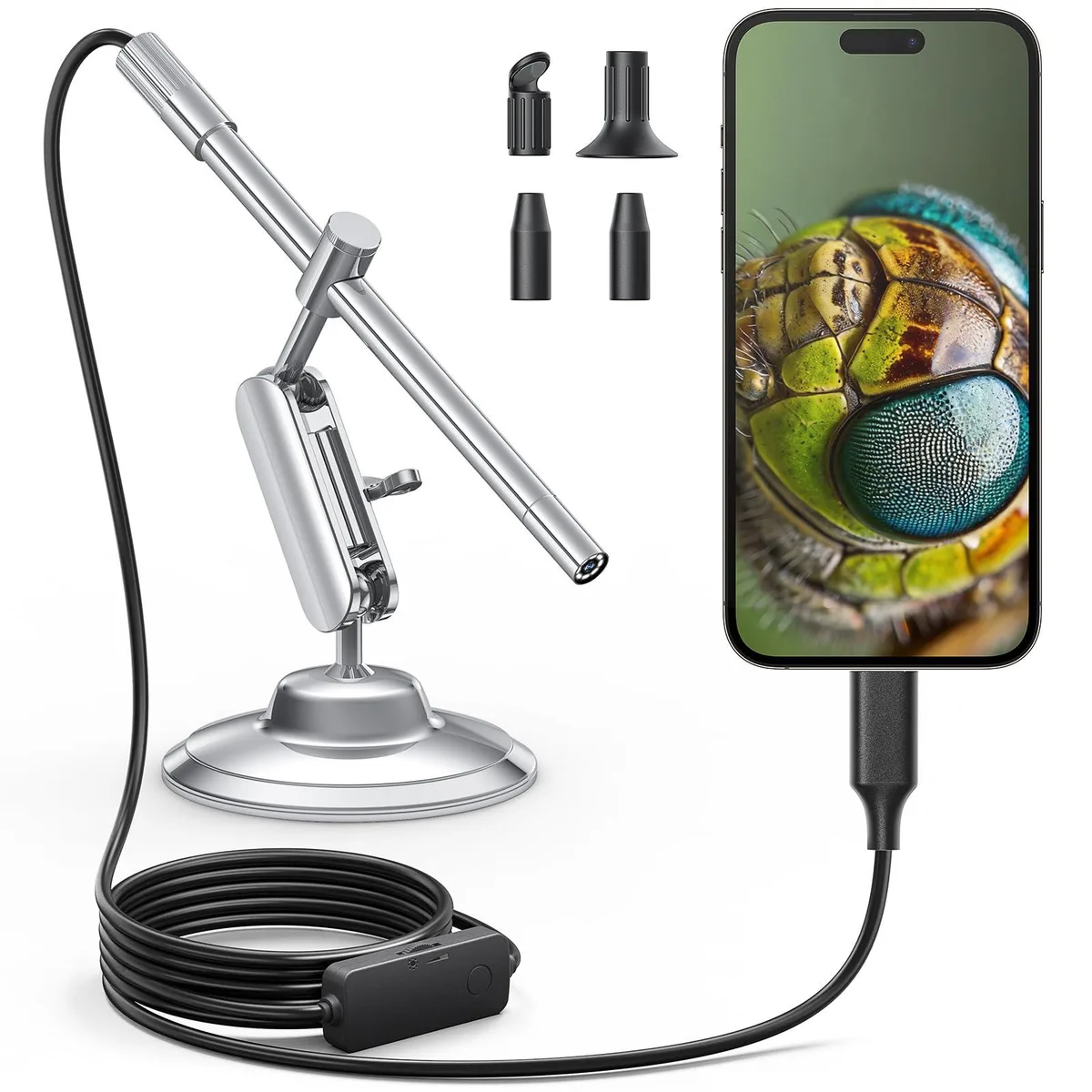 Silver cylindrical USB-C digital microscope with 8 LED lights and rotating metal stand