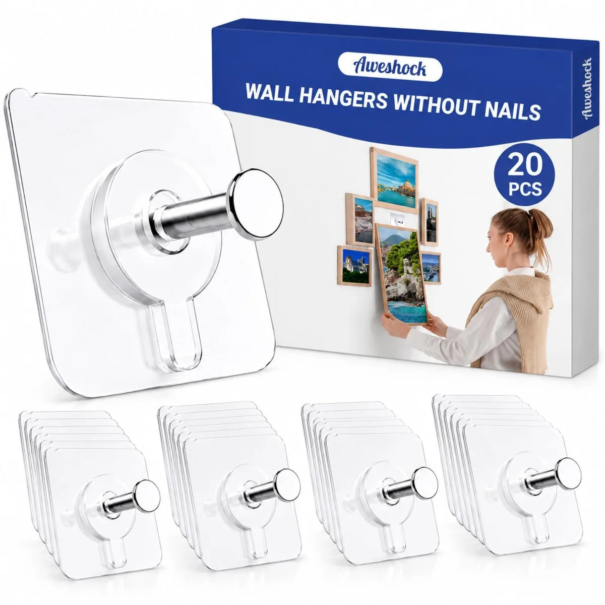 Twenty clear adhesive hooks with metal posts on a sheet