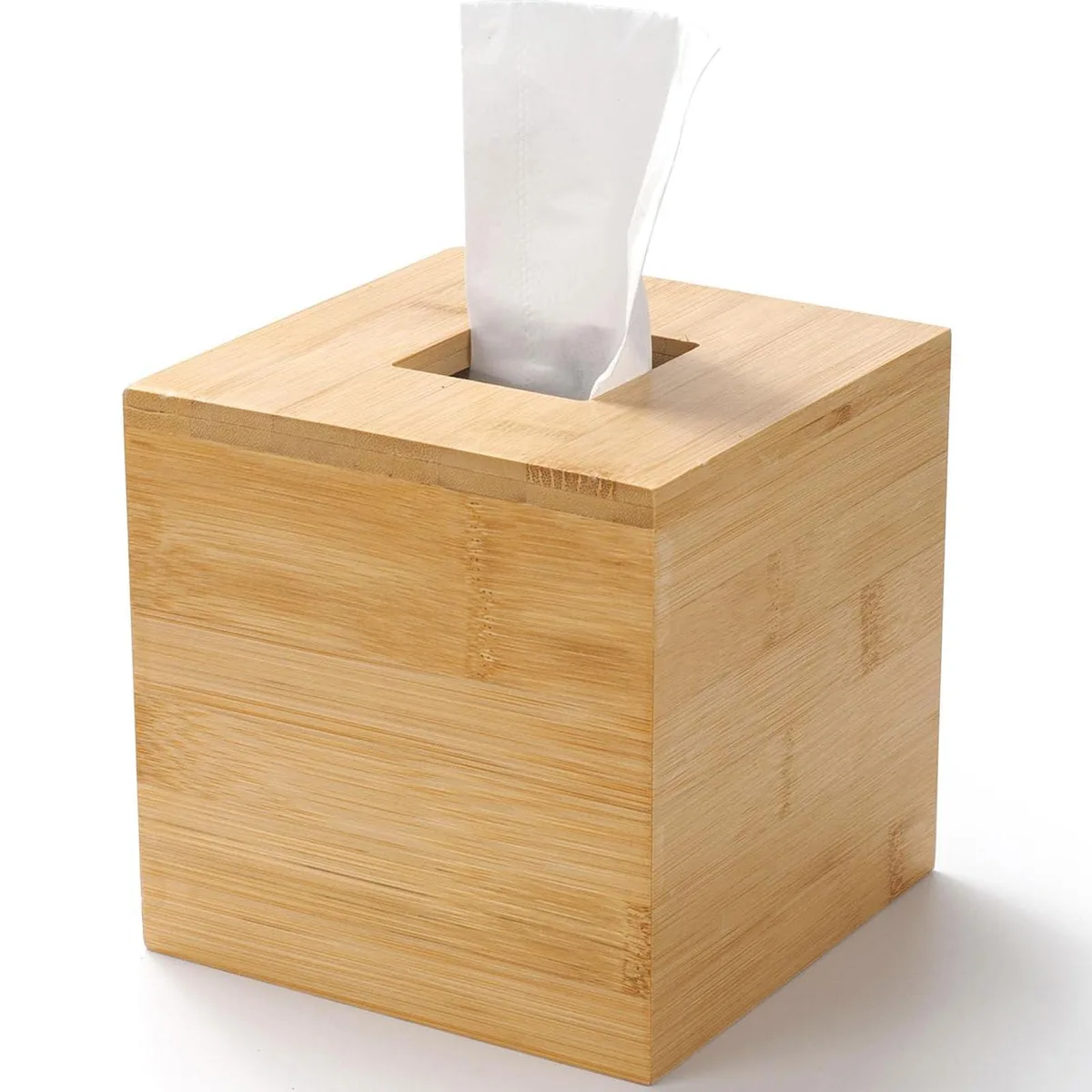 Square bamboo tissue box cover with open bottom and smooth edges