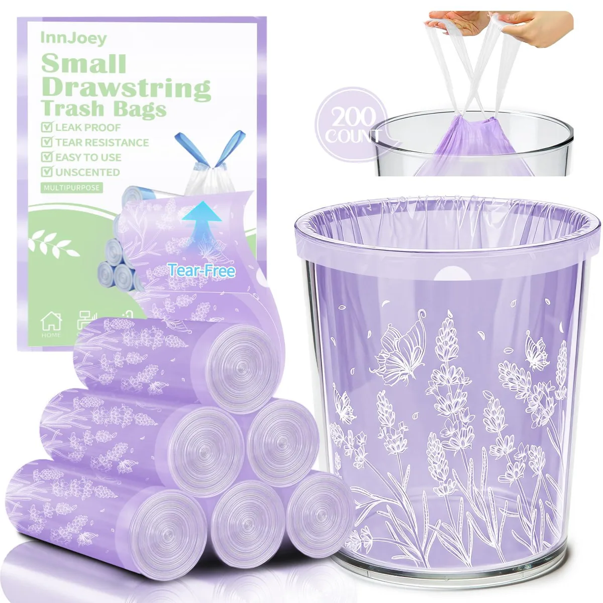Lavender floral printed drawstring trash bags in bulk pack