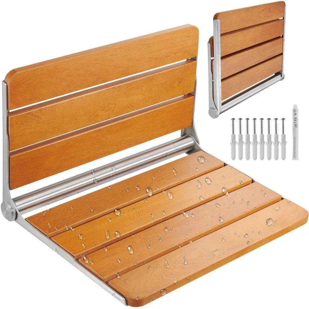 Folding teak shower seat, wall mounted, natural wood finish