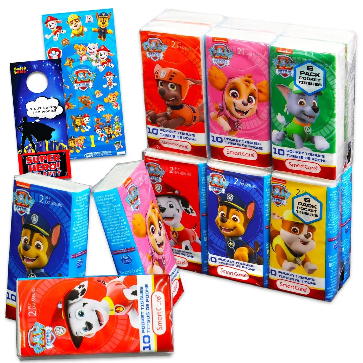  Paw Patrol Pocket Size Facial Tissues 12 Packs 10 Sheets 120 Sheets Stickers Door Hanger — product photo