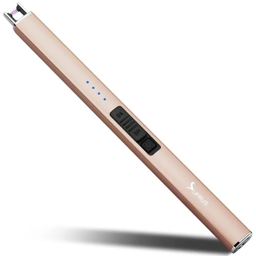 Champagne gold arc lighter with safety lock and LED battery indicator