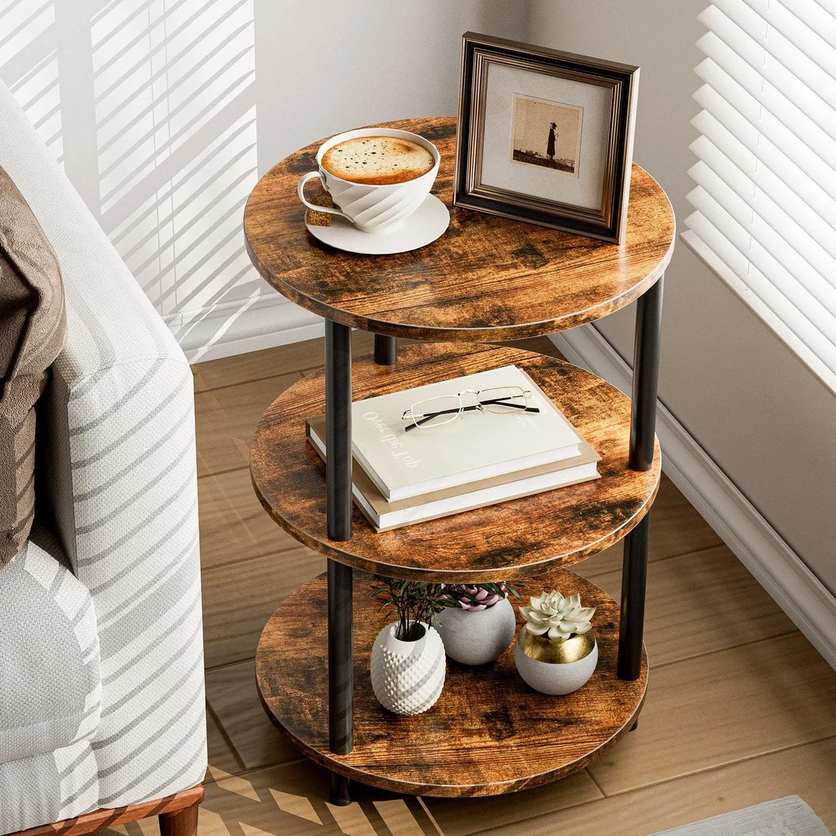 Black three-tier round side table, 13.2in diameter, 22.8in tall, metal frame with wood shelves