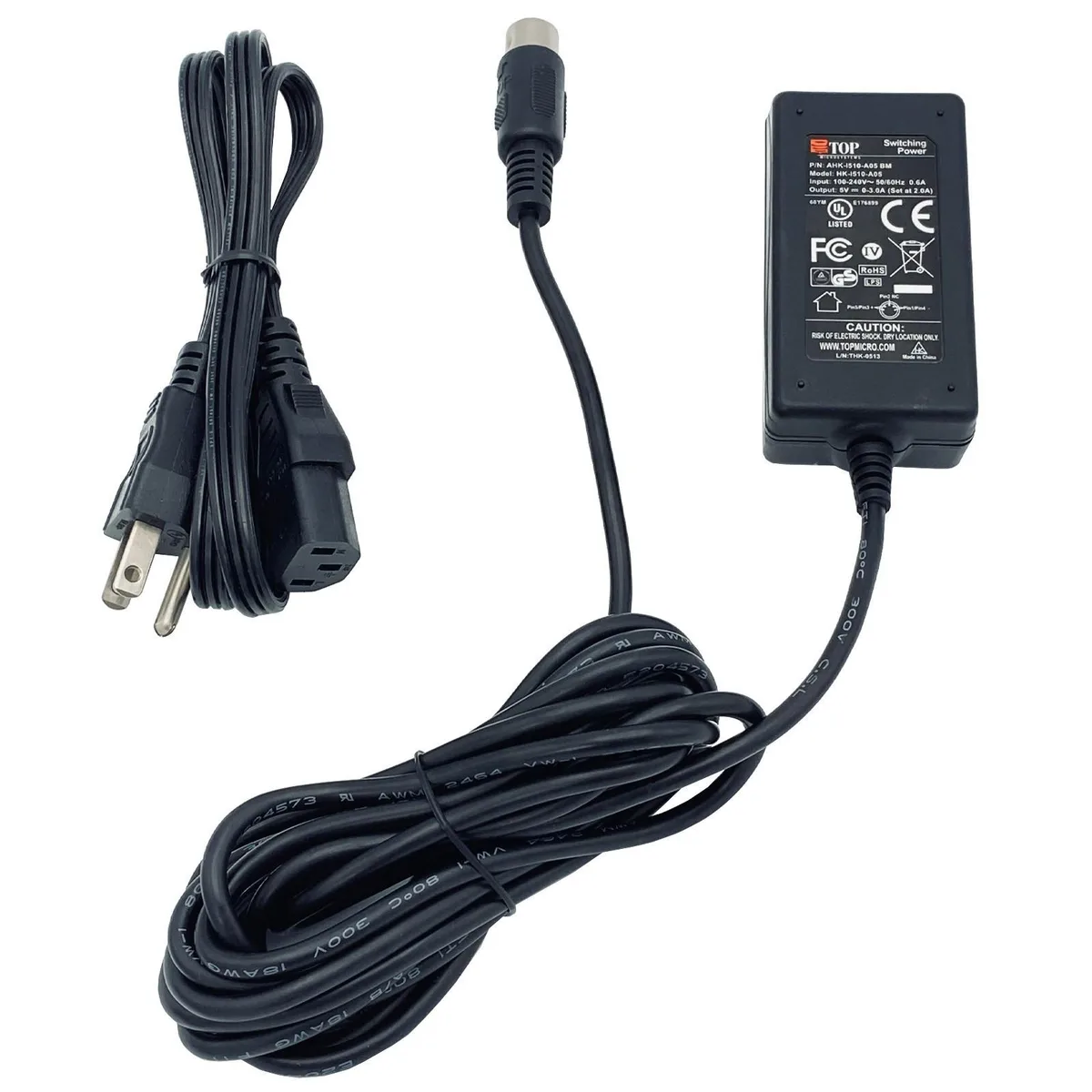 Compact black power adapter with 5-pin DIN connector and detachable mains cord